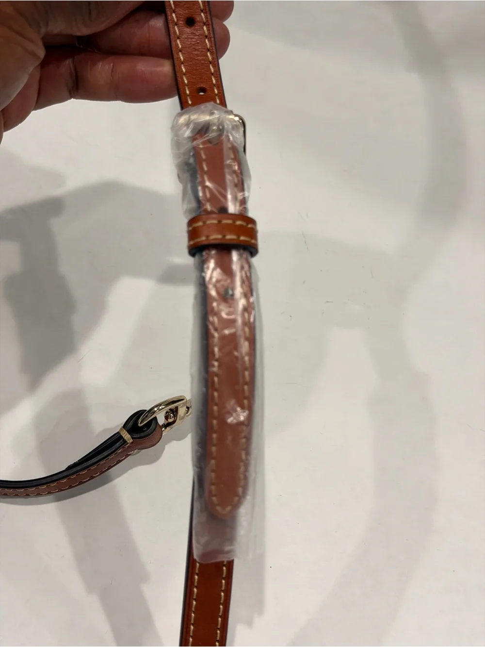 Adjustable Brown Leather Messenger Bag Strap with Light Gold Hardware